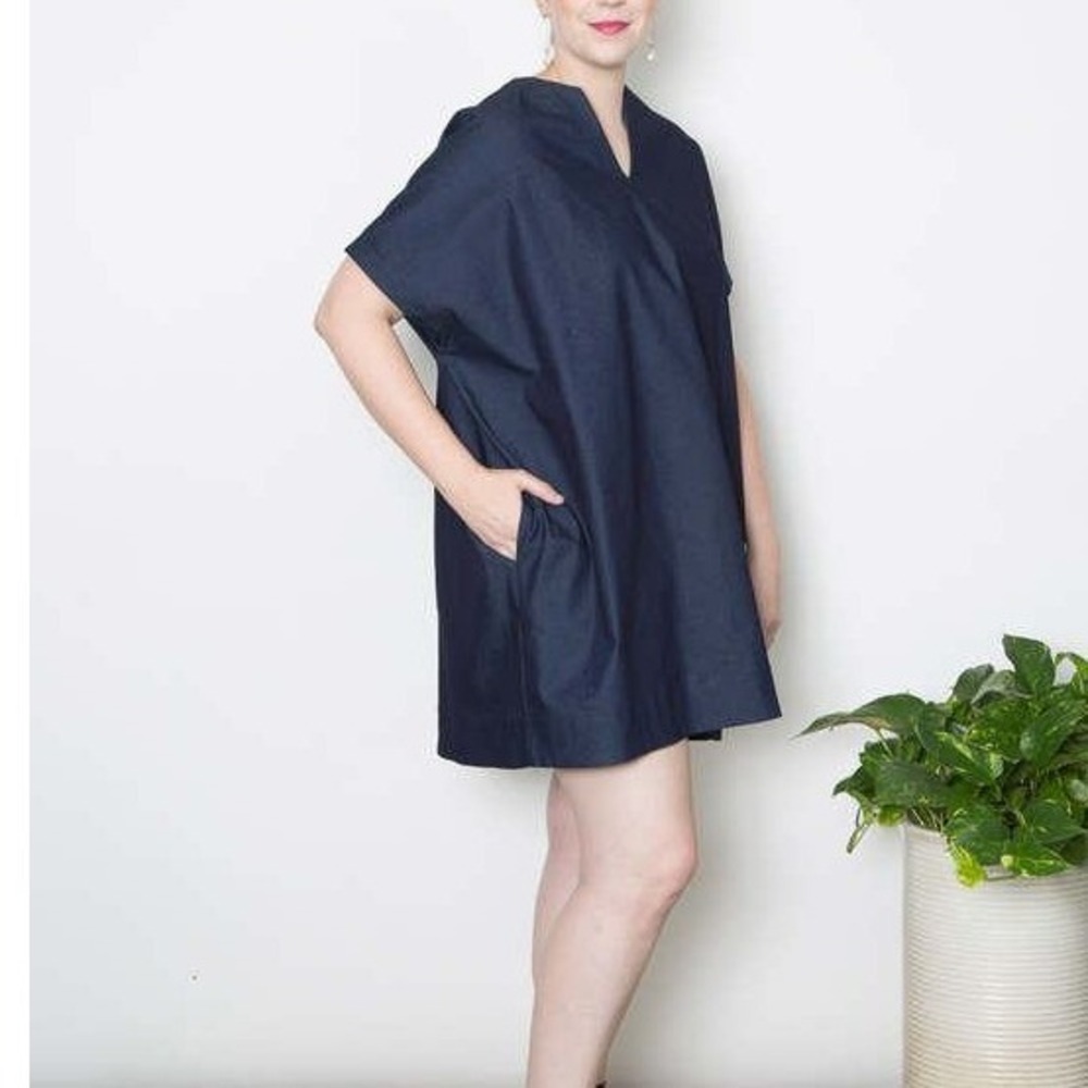 SBJ Austin Mary Dress Tunic Navy Blue Plaid Cotton Oversized Square V-Neck OS